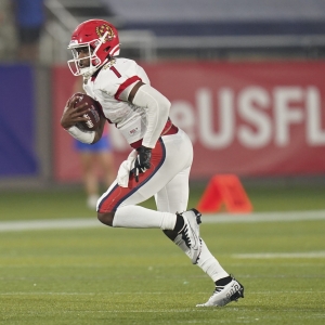 BIRMINGHAM, AL - APRIL 16: New Jersey Generals quarterback Luis Perez (2)  lines up for a play during the inaugural USFL game between the New Jersey  Generals and Birmingham Stallions on April 16, 2022, at Protective Stadium  in Birmingham, AL